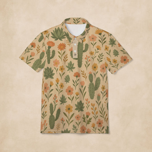 Desert Bloom Cactus & Wildflower Golf Polo Shirt – All-Over Print Performance Fabric